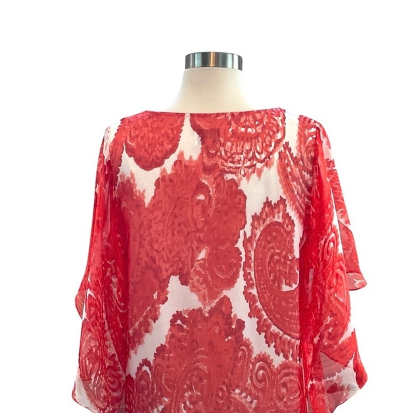 Milly Silk Coral and White Swim Coverup with V-Neck and Flutter Sleeves Size 4 - Picture 7 of 12